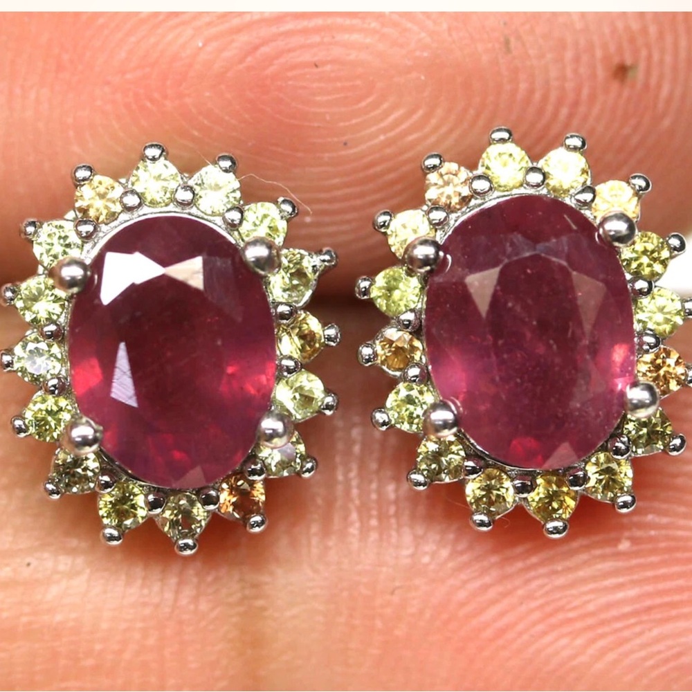New ruby and sapphire white gold/925 Silver stud Earrings